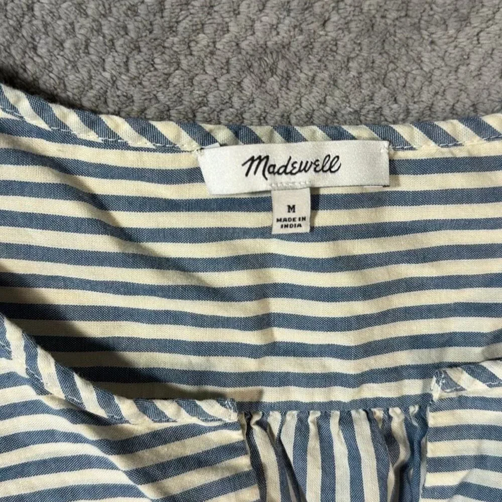 Madewell Courtyard Striped Puff Sleeve Peplum Blouse Medium Blue White Button Fr